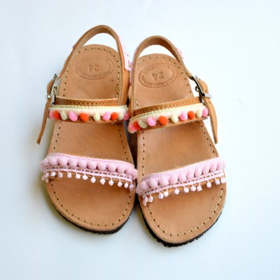 Handmade Baby Sandals Pink Pom poms 