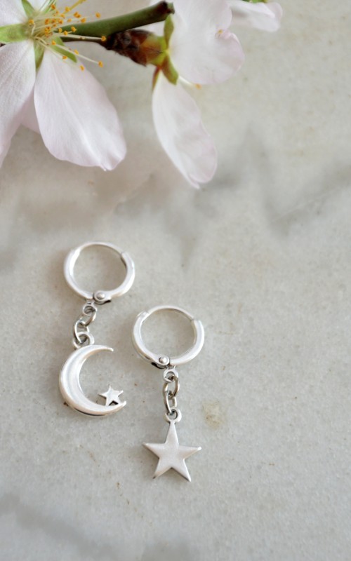 Silver earrings moon and star